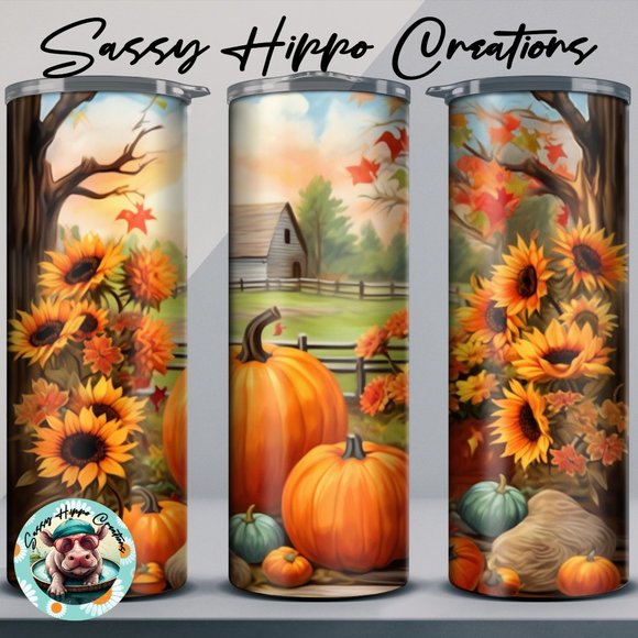 Skinny Tumbler Autumn Fall Pumpkin Sunflower Farm 20oz Stainless-Steel Sublimate - Picture 1 of 5